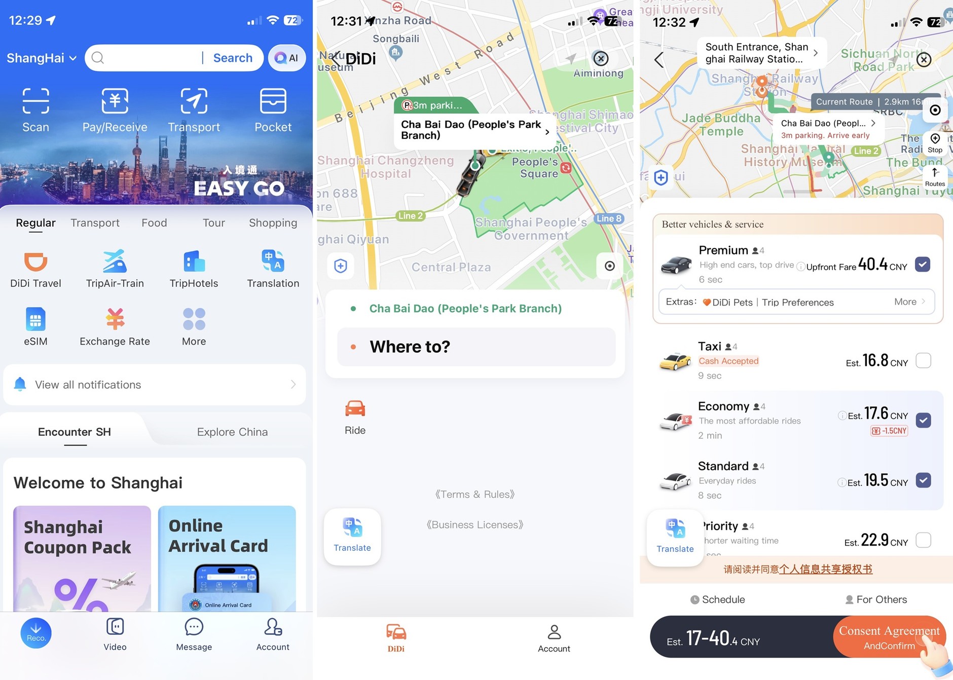 Zrzuty ekranu z aplikacji DiDi, czyli "chińskiego Ubera"