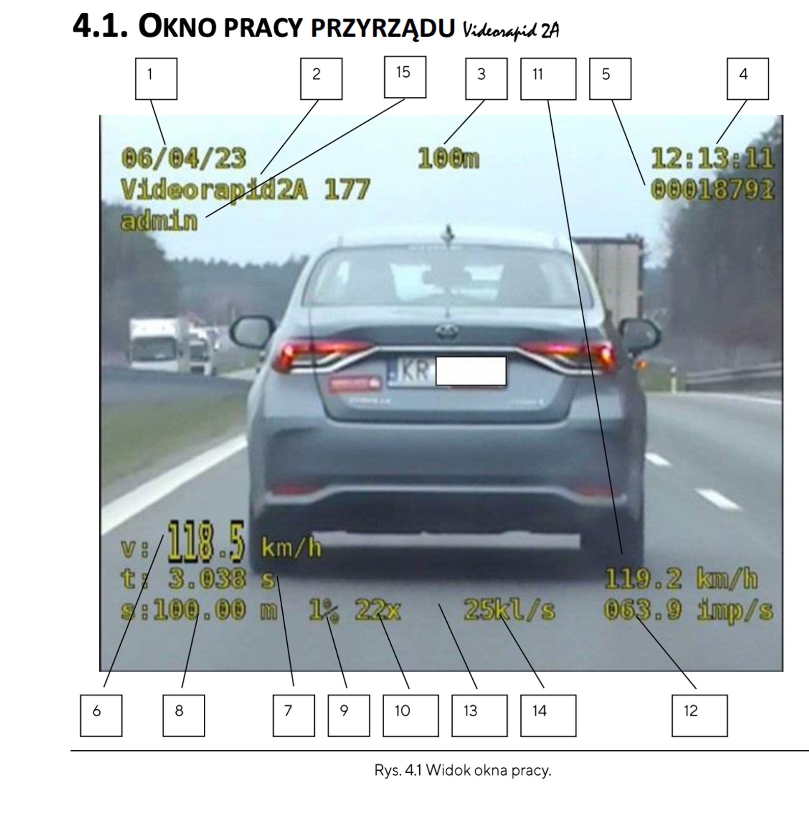Widok nagrania z wideorejestratora: pozycja "6" to zmierzona na odcinku pomiarowym  prędkość,  pozycja "3" to wybrana przez funkcjonariusza długość odcinka pomiarowego, pozycja "8" to dystans pokonany w trakcie pomiaru, wartość w polu "10" informuje o powiększeniu (zoomie). 