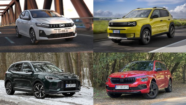 Dacia Sandero, Fiat Grande Panda, Skoda Kamiq, MG ZS (od lewej zgodnie z ruchem wskazówek zegara)