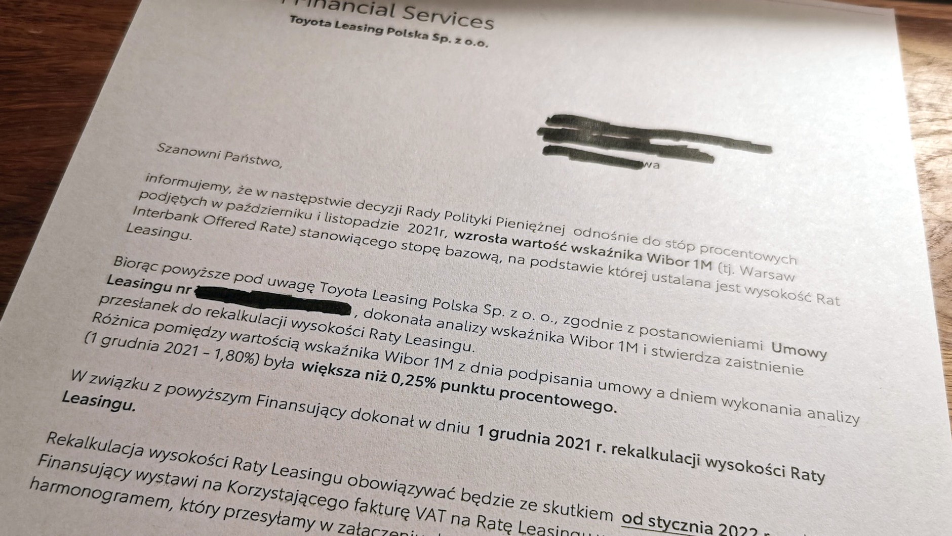 Pismo z informacją o podwyżce rat