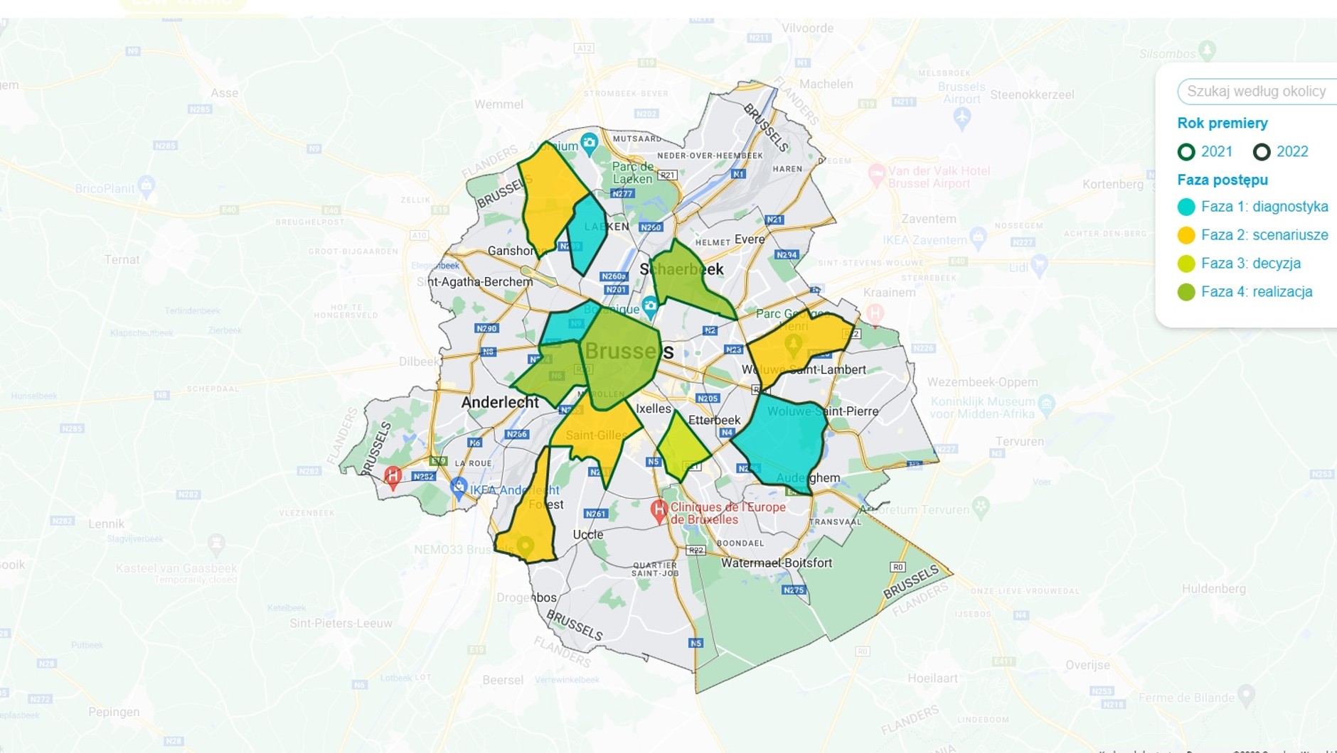 Mapa stref wolnych od aut w Brukseli