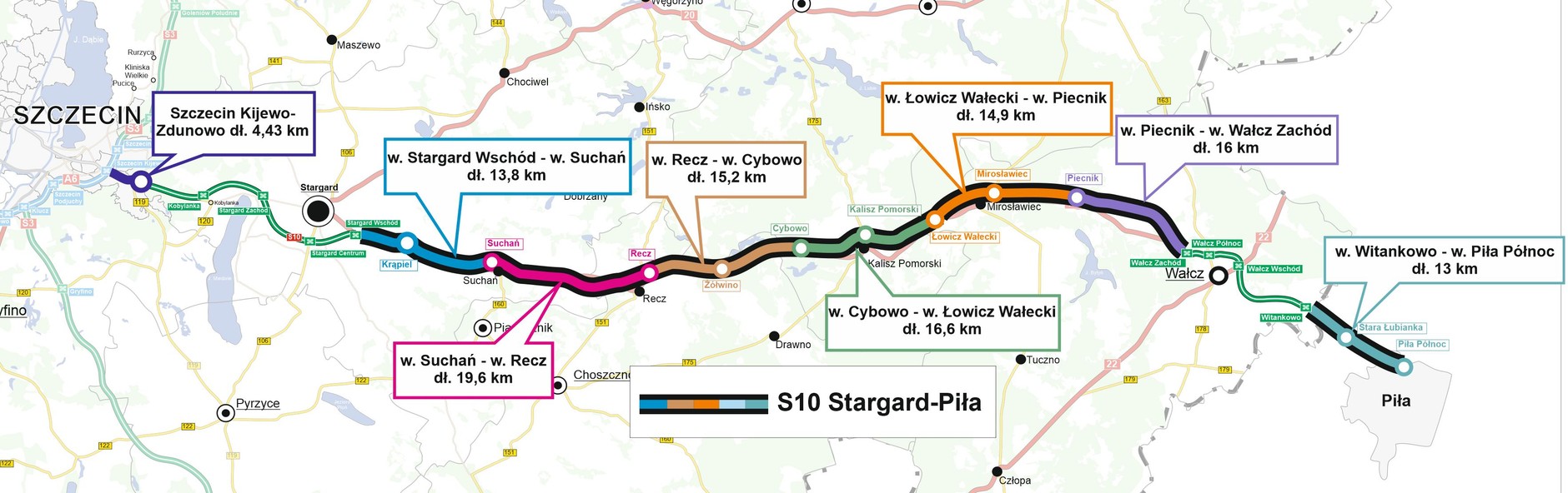 Mapa odcinków S10 Szczecin — Piła