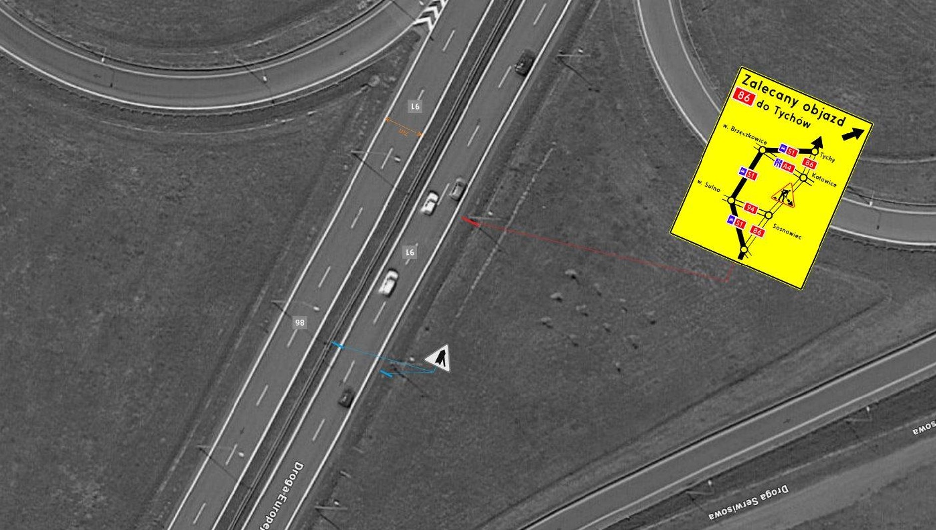 Od strony północnej oznakowanie ustawione będzie także przy węźle Podwarpie na DK91