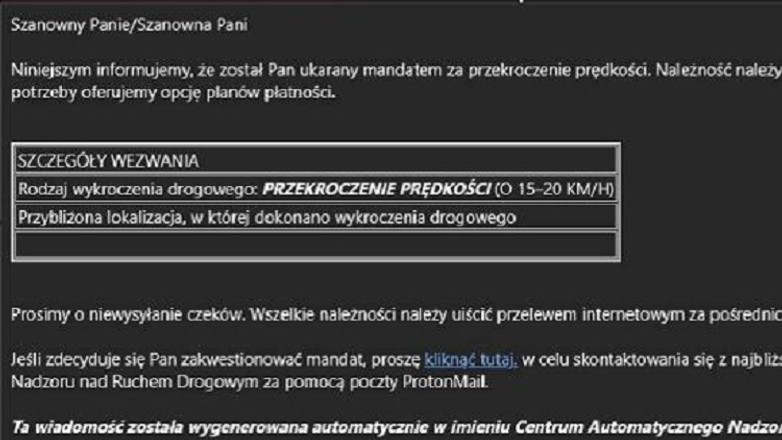 Fałszywy mandat wysłany w formie wiadomości e-mail