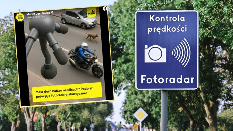 Znak "fotoradar" (zdjęcie ilustracyjne), na screenie grafika Miasto Jest Nasze, przedstawiająca fotoradar akustyczny (Facebook/miastojestnasze)