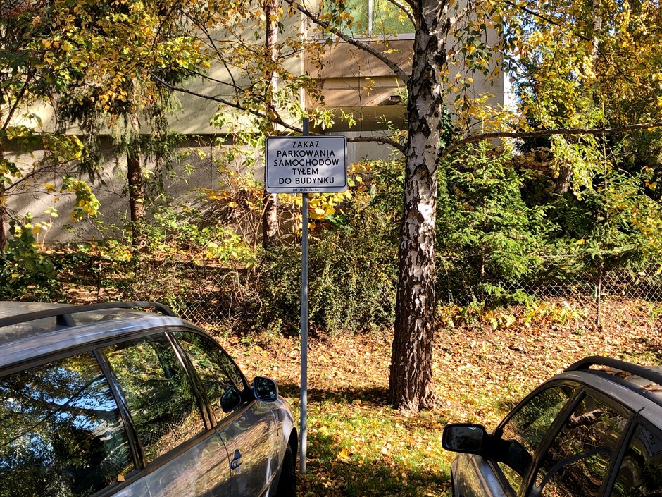 SM "Orlik-Jantar" wie, że w "strefie zamieszkania" nie wolno parkować poza wyznaczonymi miejscami postojowymi i mimo braku tych miejsc zakazuje parkowania... ale tyłem do budynku