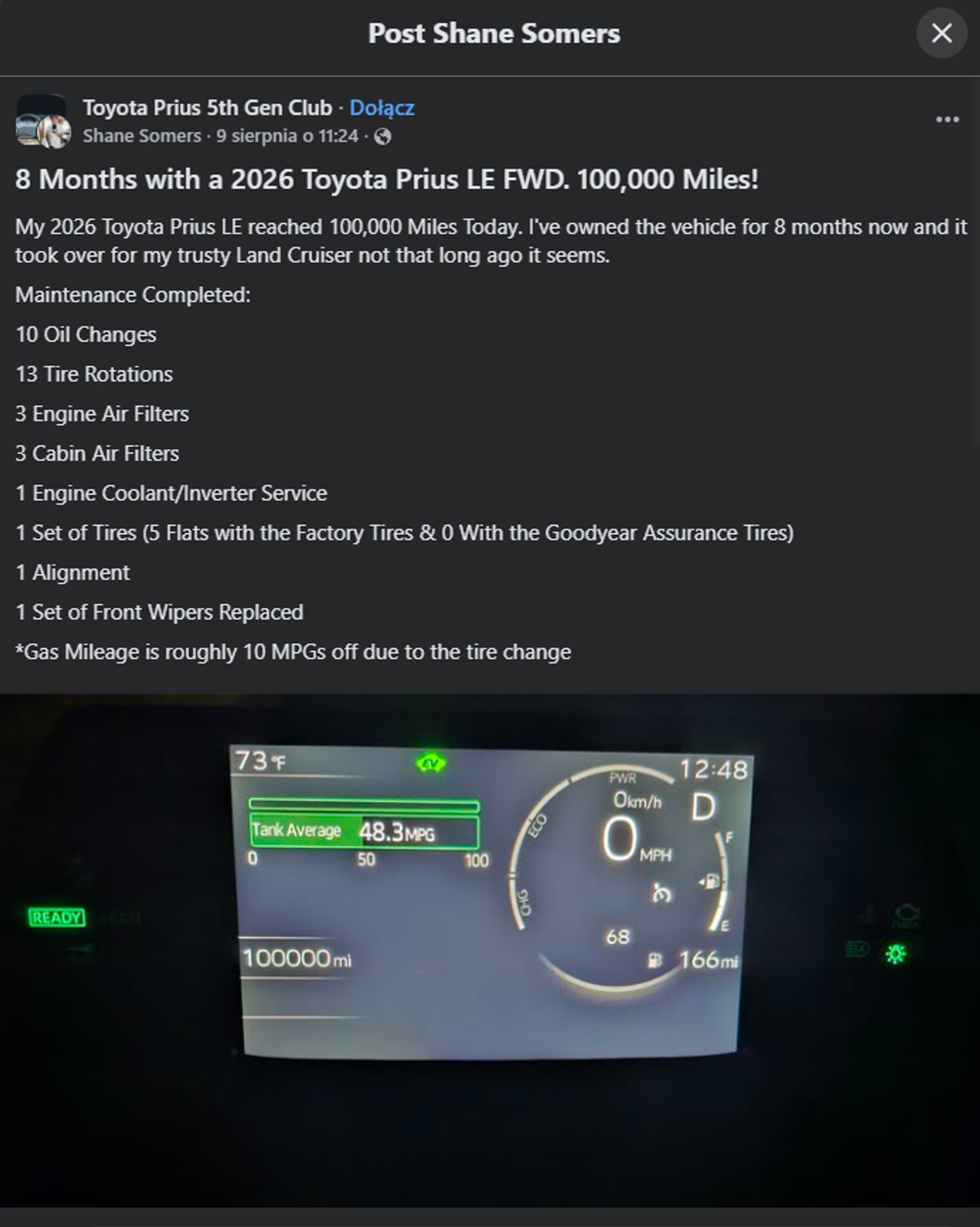 Post właściciela Toyoty Prius z wszystkimi procesami serwisowymi przez 8 miesięcy użytkowania i 160 tys. km