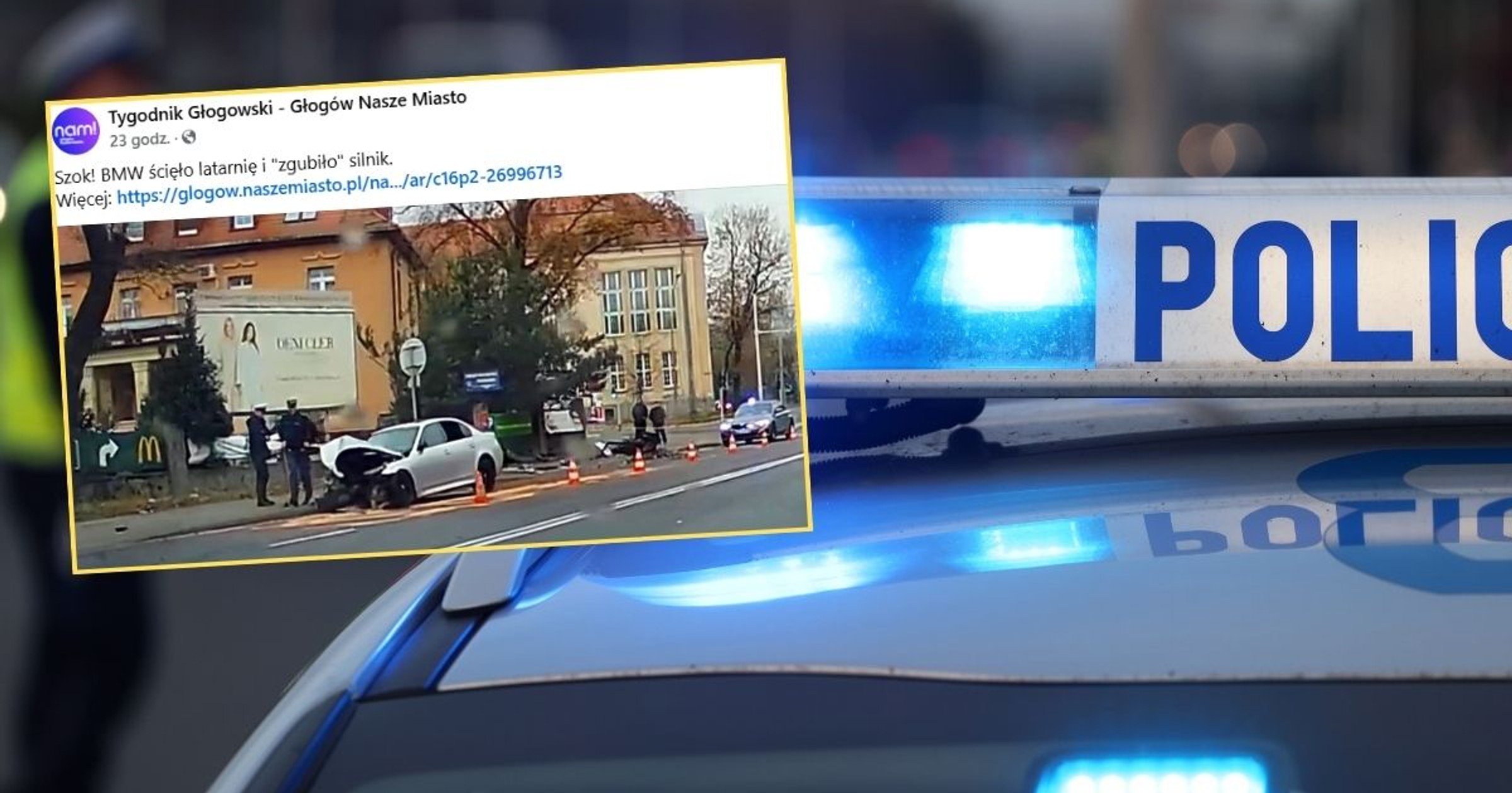 Bmw wjechało w latarnię w Głogowie (Screen: Facebook/TygodnikGlogowski)