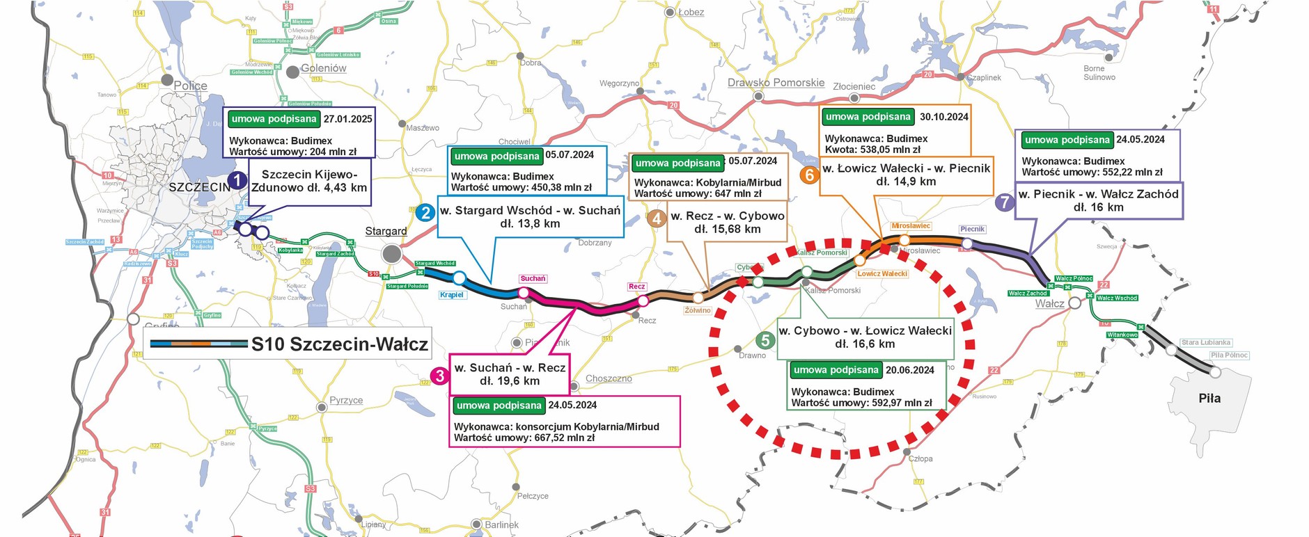 Mapa odcinków drogi S10 z zaznaczeniem odcinka Cybowo-Łowicz Wałecki