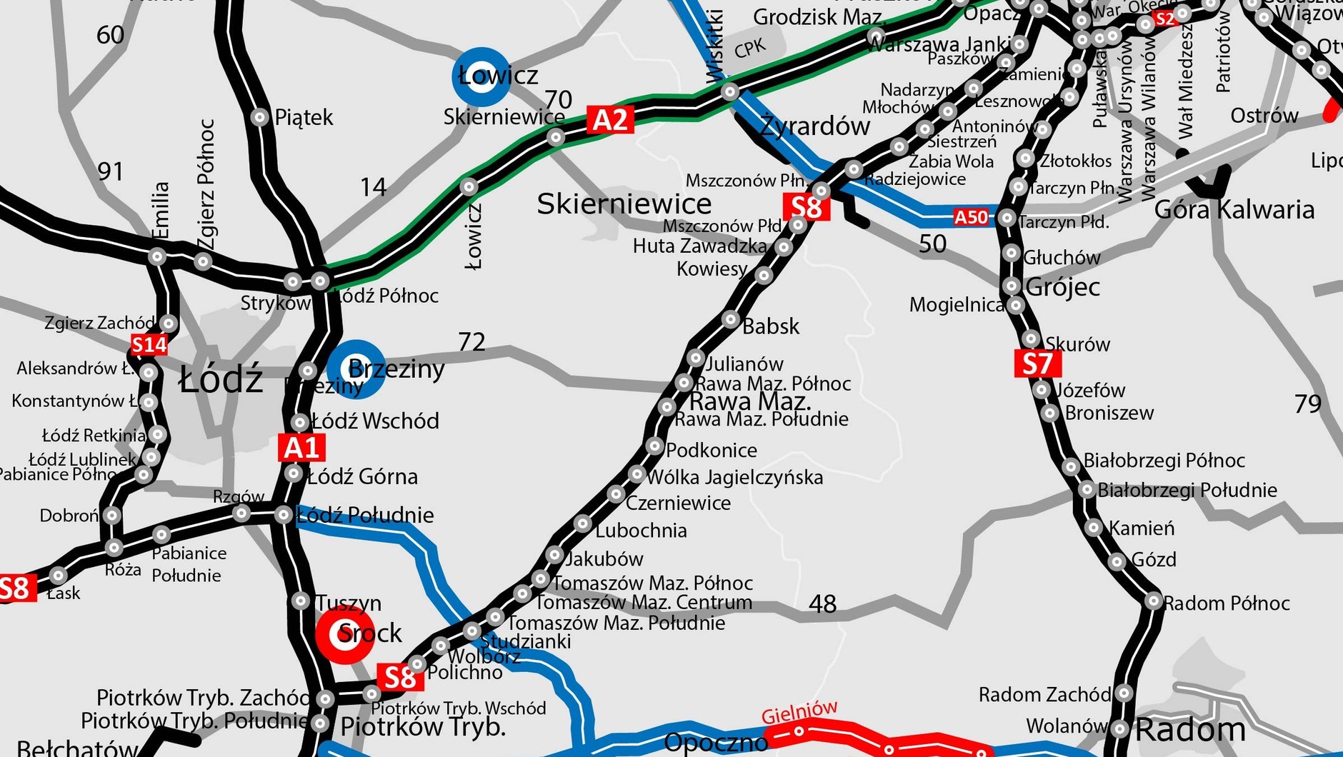 Mapa nowego odcinka drogi S12 między Przysuchą a Wieniawą