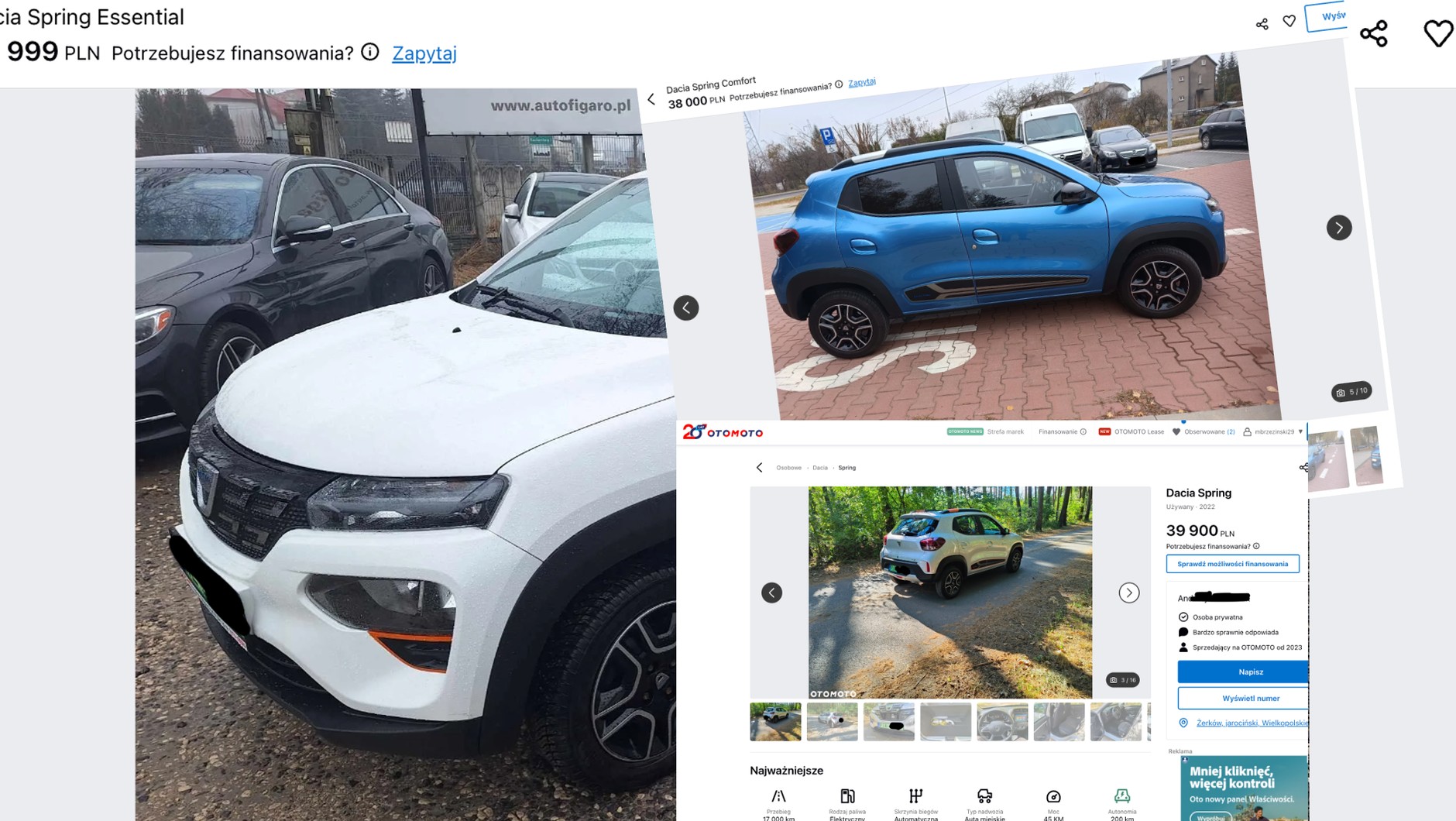 Ogłoszenia na Otomoto.pl – wśród młodych samochodów na prąd do najtańszych należą Dacie Spring. Auta z 2022 roku z przebiegiem od kilkunastu tys. km można kupić w cenie poniżej 40 tys. zł