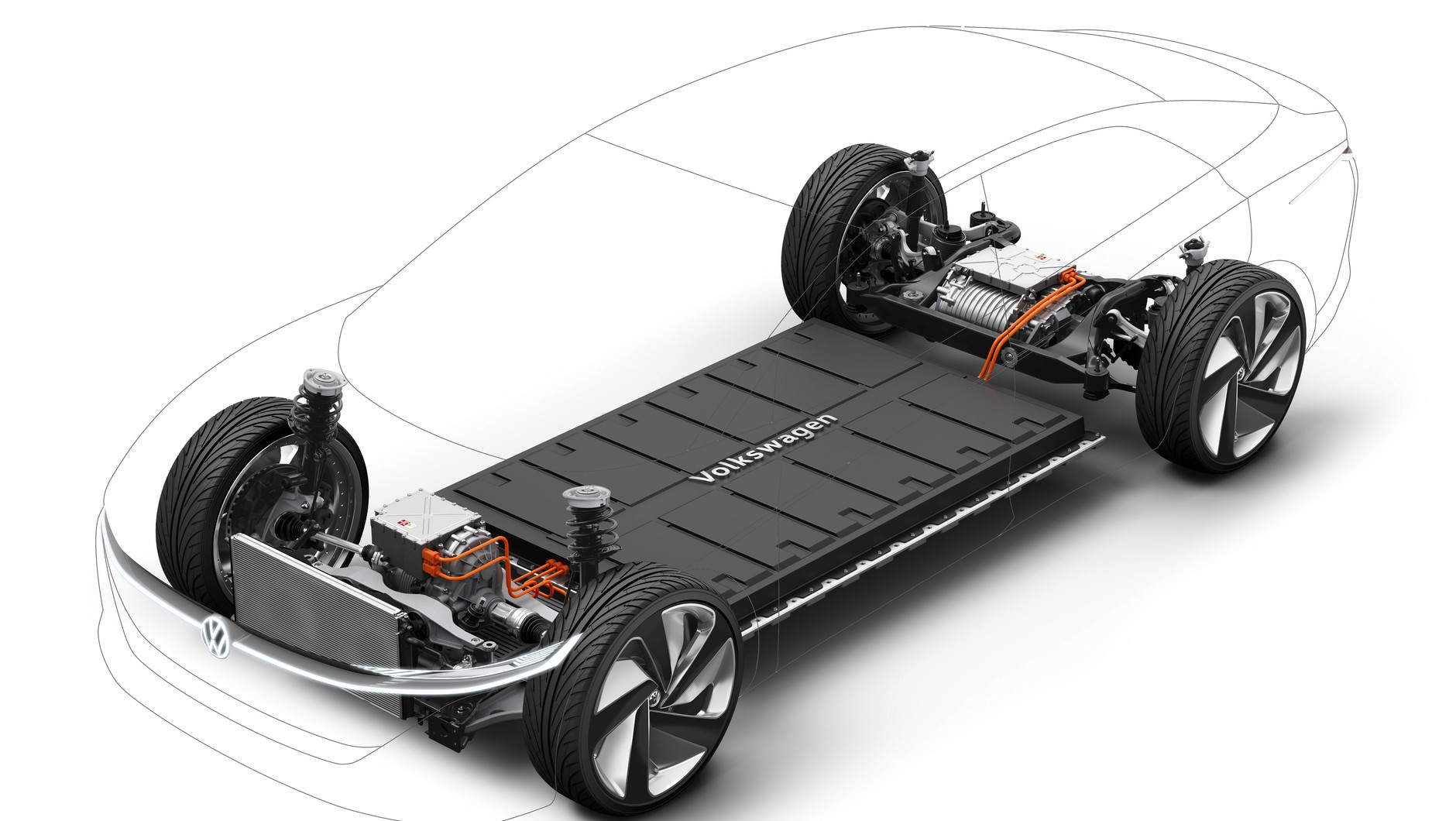 Volkswagen I.D. Vizzion - modułowy zestaw baterii umieszczono pod podłogą samochodu. Z przodu silnik 75 kW a z tyłu 150 kW