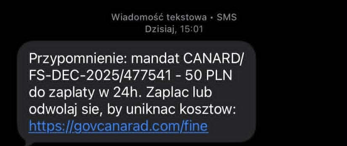 Tak złodzieje oszukują na CANARD. Przykładowy SMS