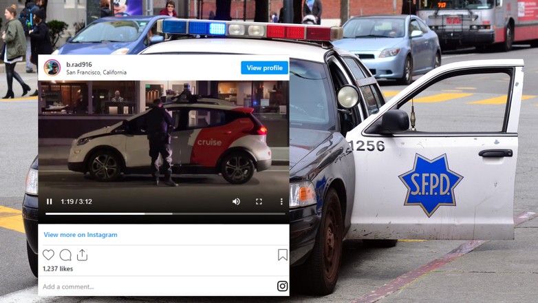 Funkcjonariusze SFPD zatrzymali do kontroli autonomiczny samochód startupu Cruise (fot. b.rad916/Instagram)