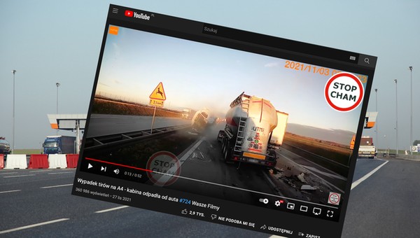 Autostrada A4: w wyniku zderzenia z ciężarówki odpadła kabina [Nagranie]