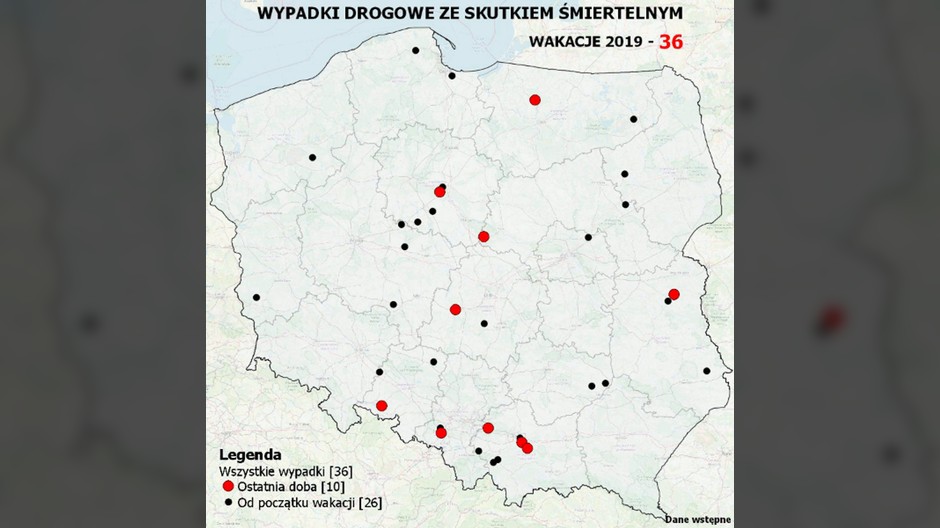 Mapa wypadkó drogowych ze skutkiem miertelnym – WAKACJE 2019 (2019-06-24)