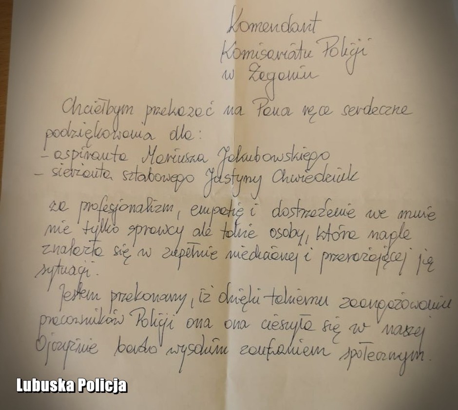 List do Komendanta Powiatowego w Żaganiu od sprawcy zdarzenia drogowego (kwiecień 2023 r.)