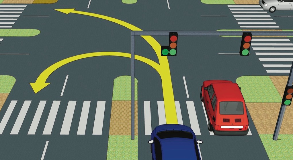 Czy w sytuacji na rysunku zielona strzałka na sygnalizatorze