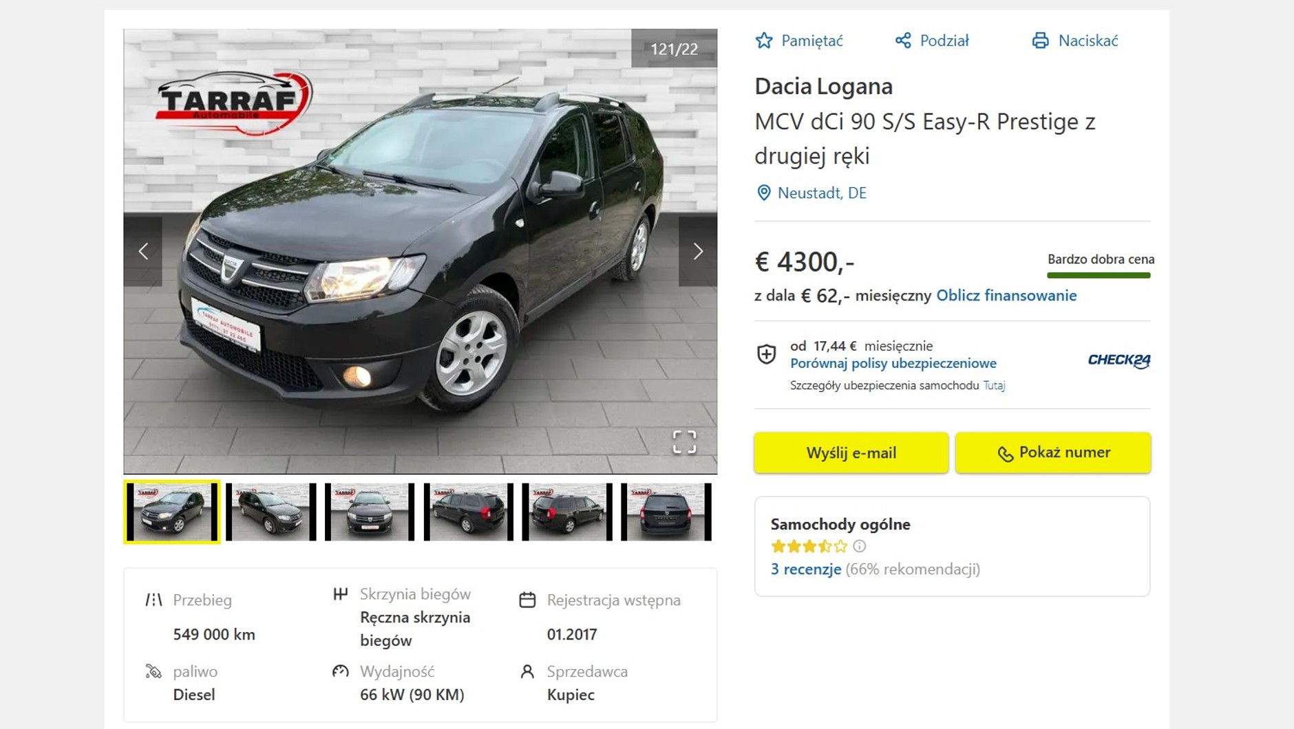 Zrzut ekranu ogłoszenia Dacii Logan MCV na portalu AutoScout24