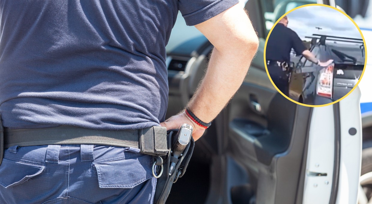 Policjant podchodzi z lewej strony i wykonuje dziwny gest. Niektórzy myją potem auto