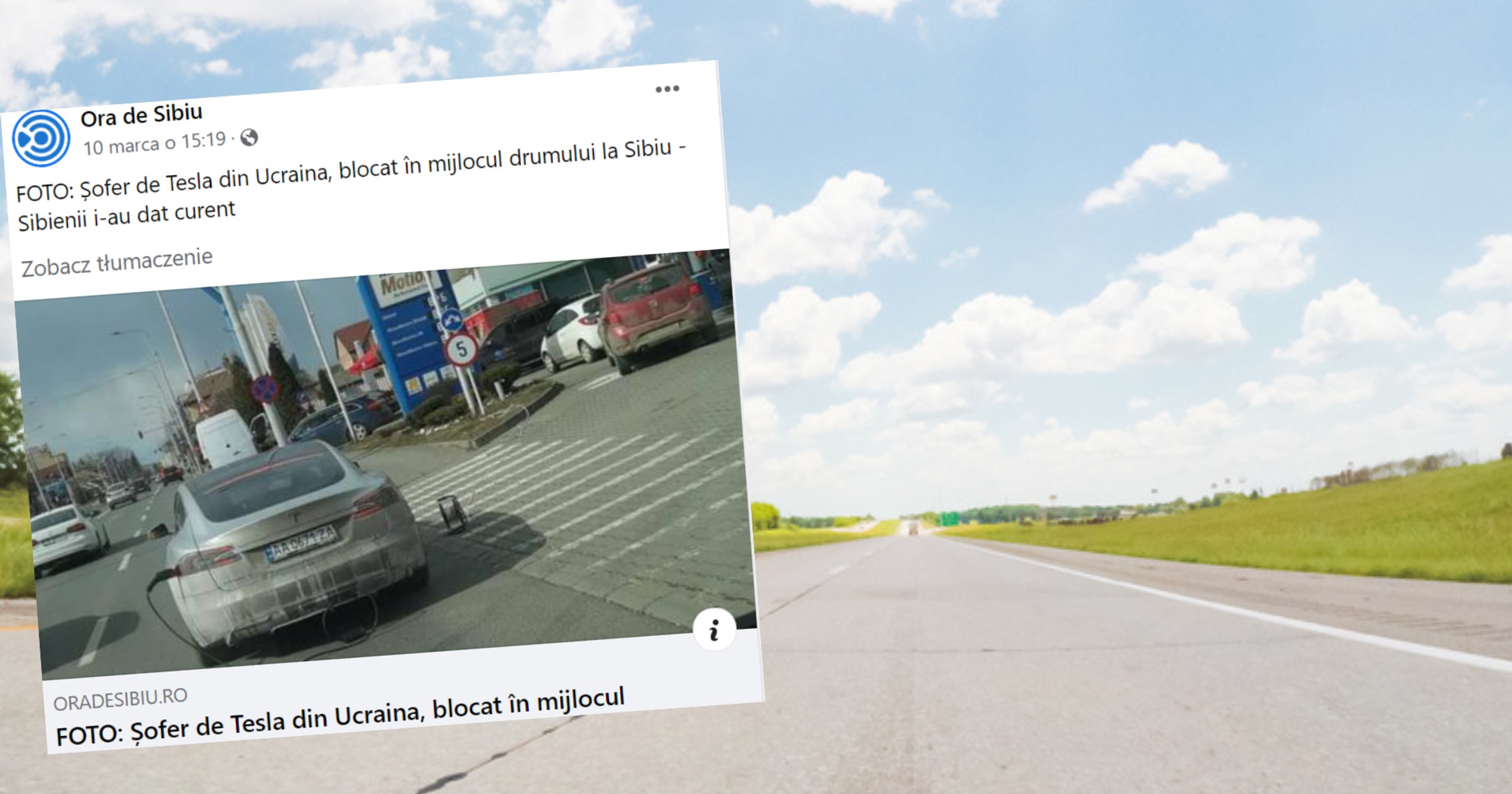 Teslą uciekała z Ukrainy. Na środku ulicy skończył się jej prąd. Użyto przedłużacza (fot. screen: Facebook/oradesibiu)