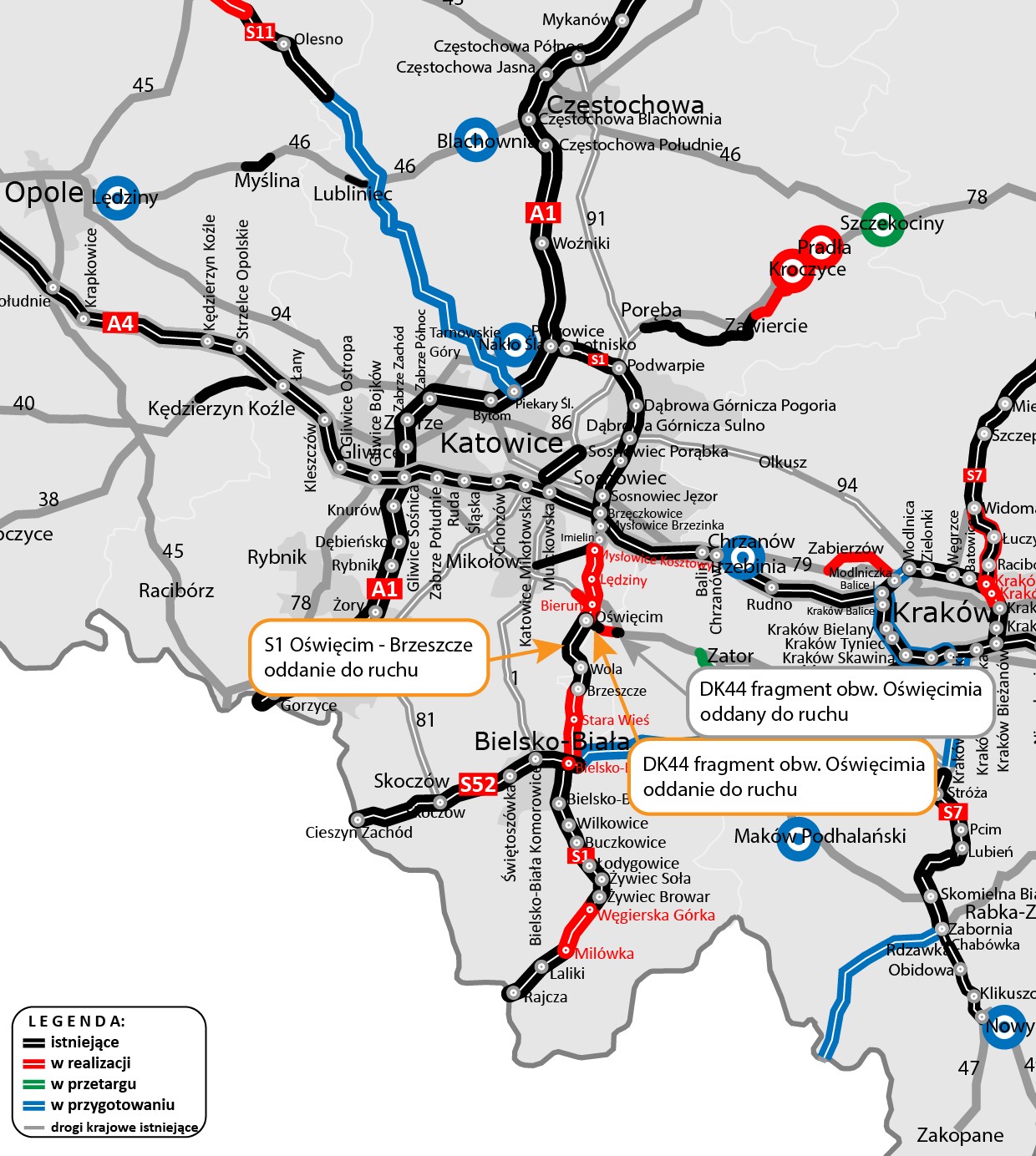 Mapa drogi S1 Oświęcim - Brzeszcze