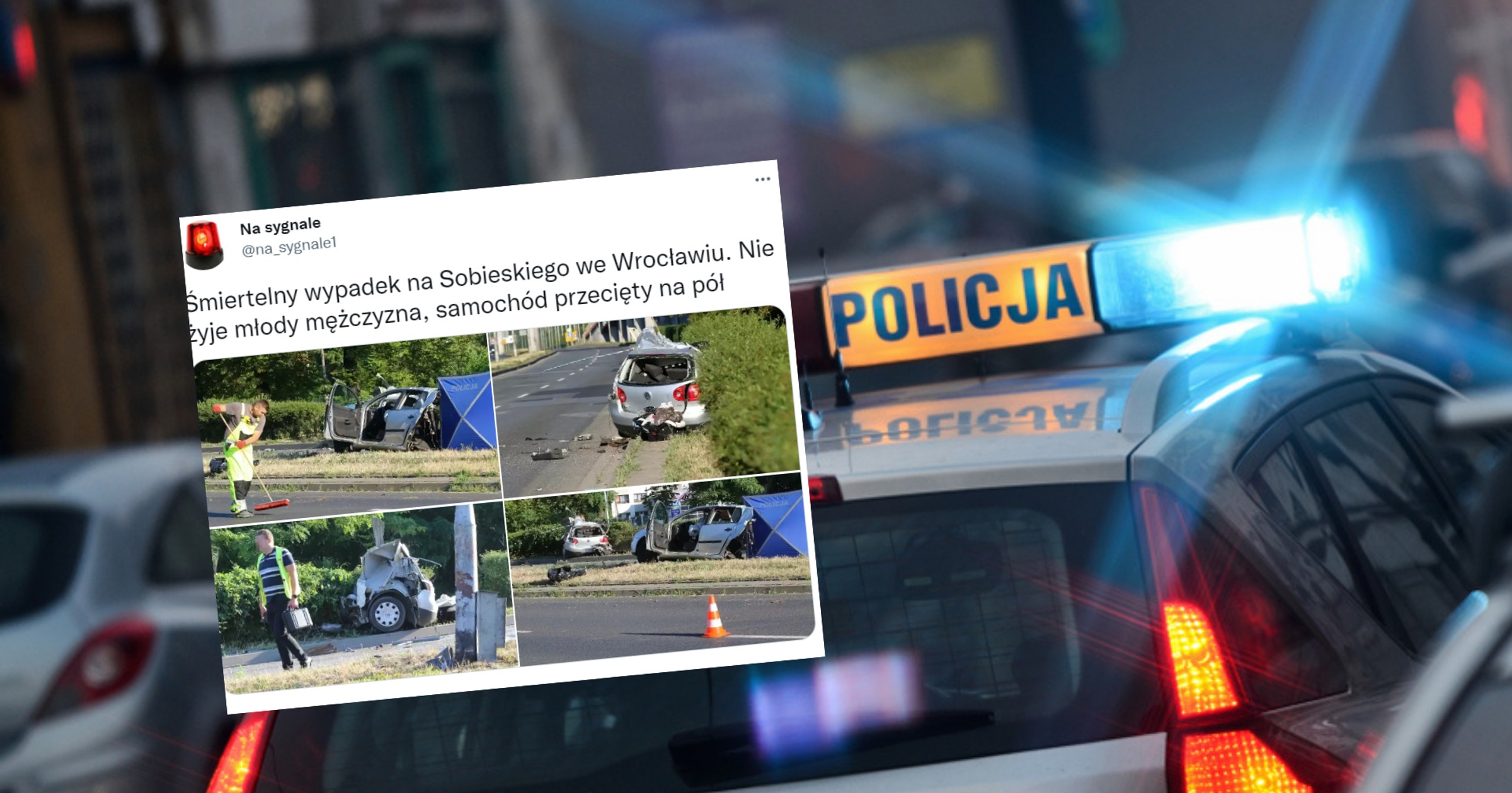 Przerażający wypadek we Wrocławiu. Samochód przecięty na pół [ZDJĘCIA] (fot. screen: Twitter/na_sygnale1)