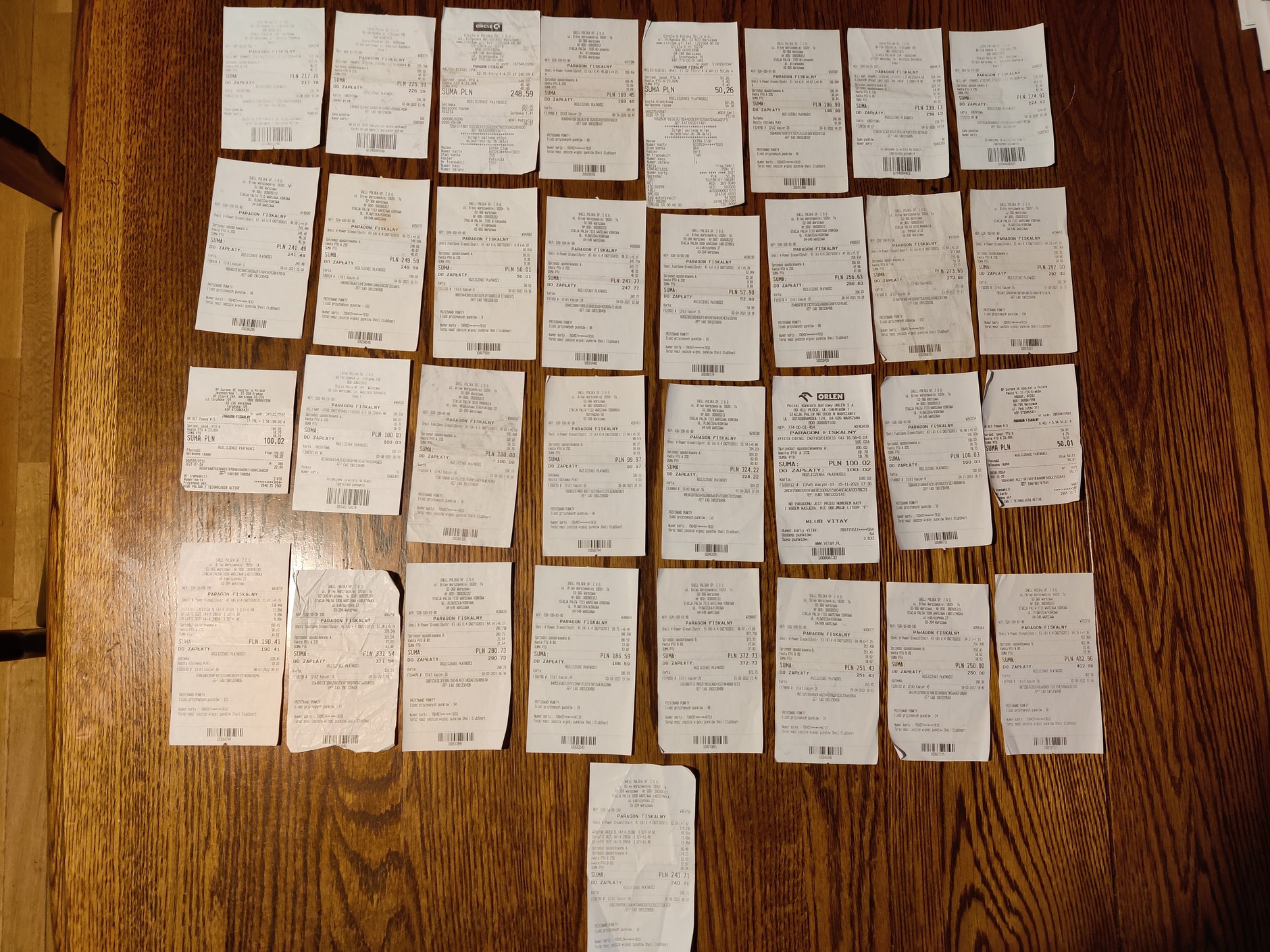 Paragony za tankowanie samochodu na przestrzeni dwóch lat