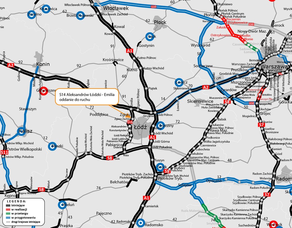 Mapa S14 Aleksandrów Łódzki — Emilia.