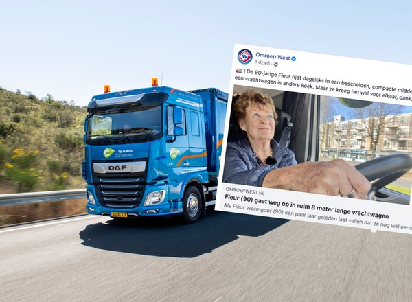 Pani Fleur za kierownicą wielkiej ciężarówki. Uwagę zwraca jej wiek