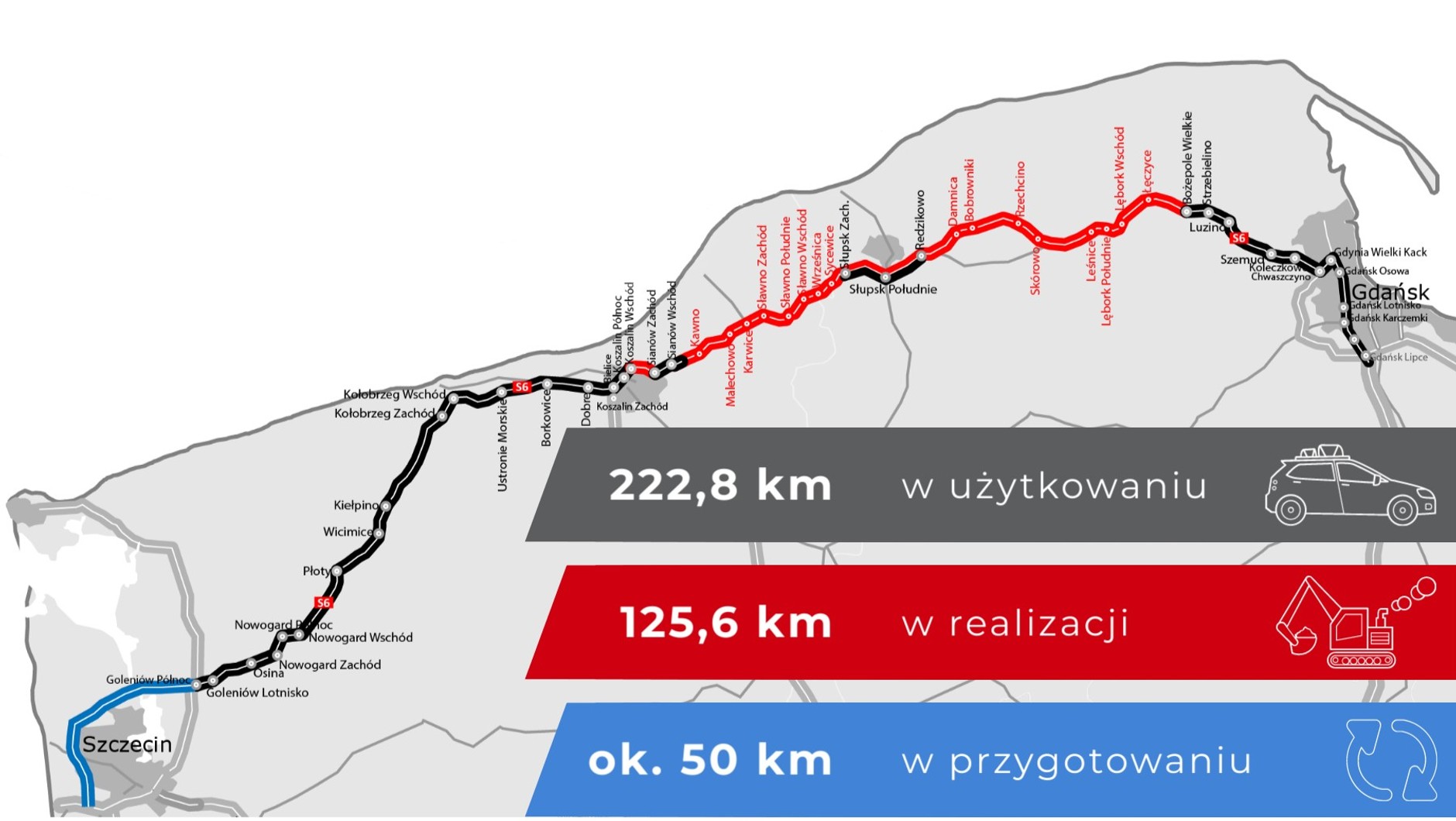 Szlak drogi S6 z podziałem na odcinki w realizacji