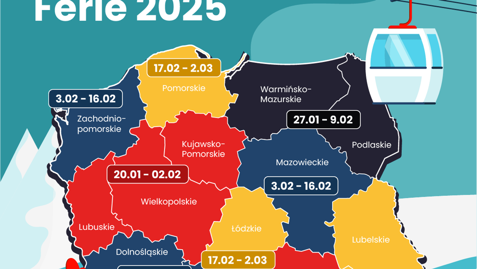 Terminy ferii w 2025 r. (mapa)