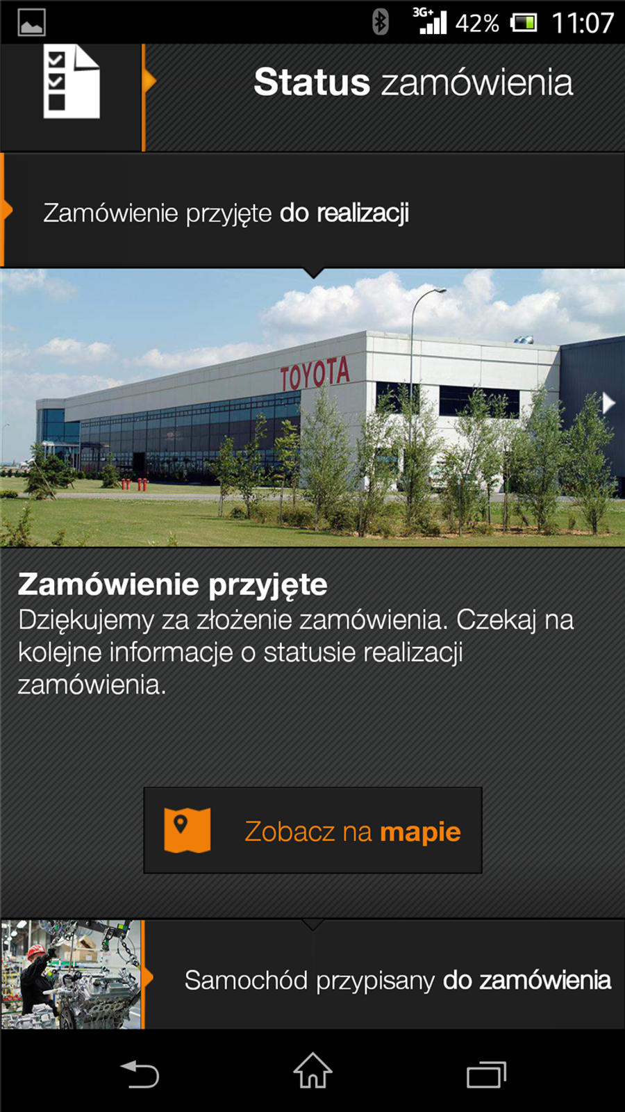 Status zamówienia samochodu w aplikacji Moja Toyota
