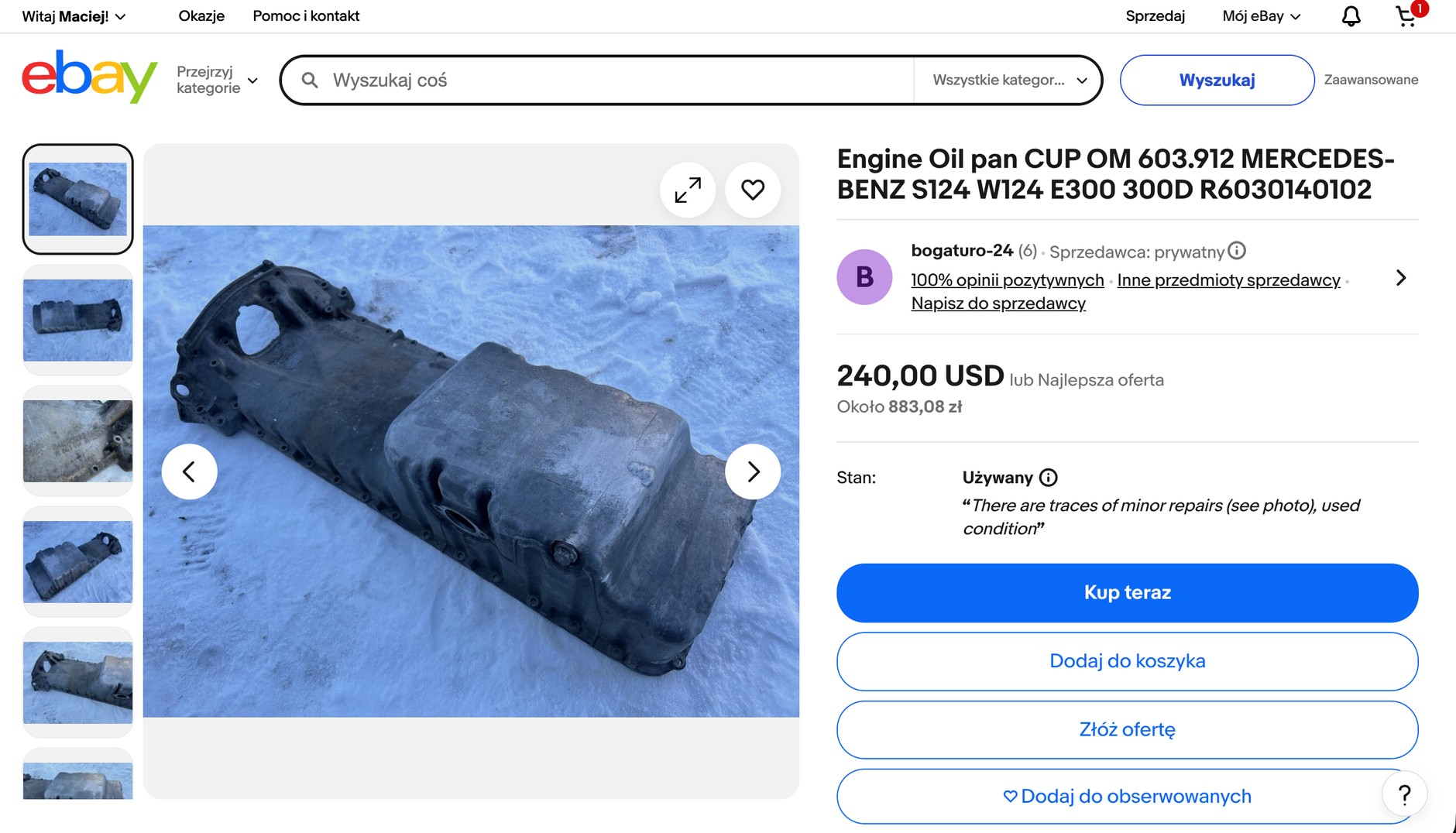 Używana miska olejowa do Mercedesa W124 kosztuje wraz z przesyłką ponad 1200 zł. I to nie jest całkiem dobry element