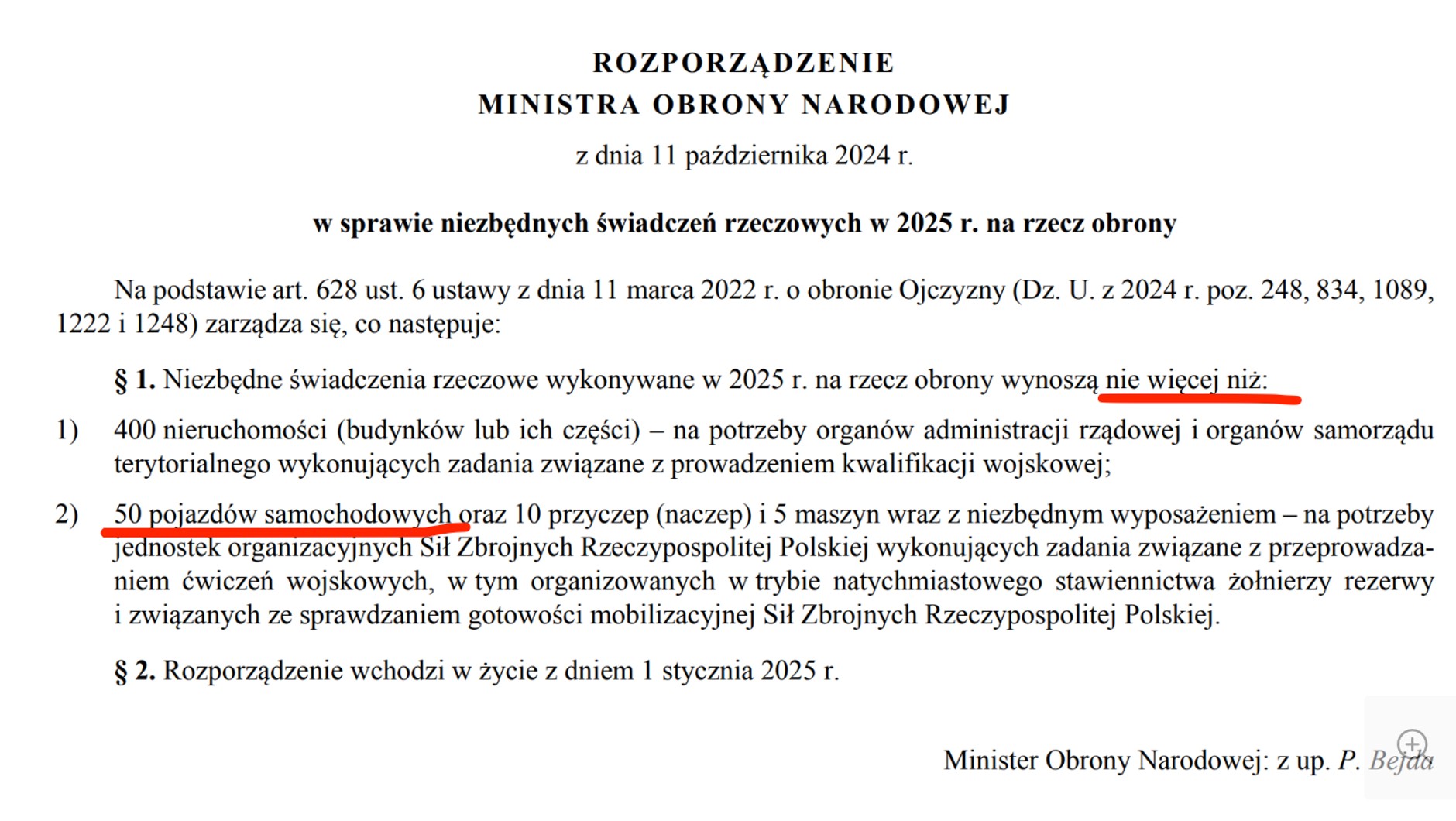 Według rozporządzenie na 2025 rok tylko 50 samochodów – wszystkich rodzajów – wojsko miało zająć na rzecz obrony