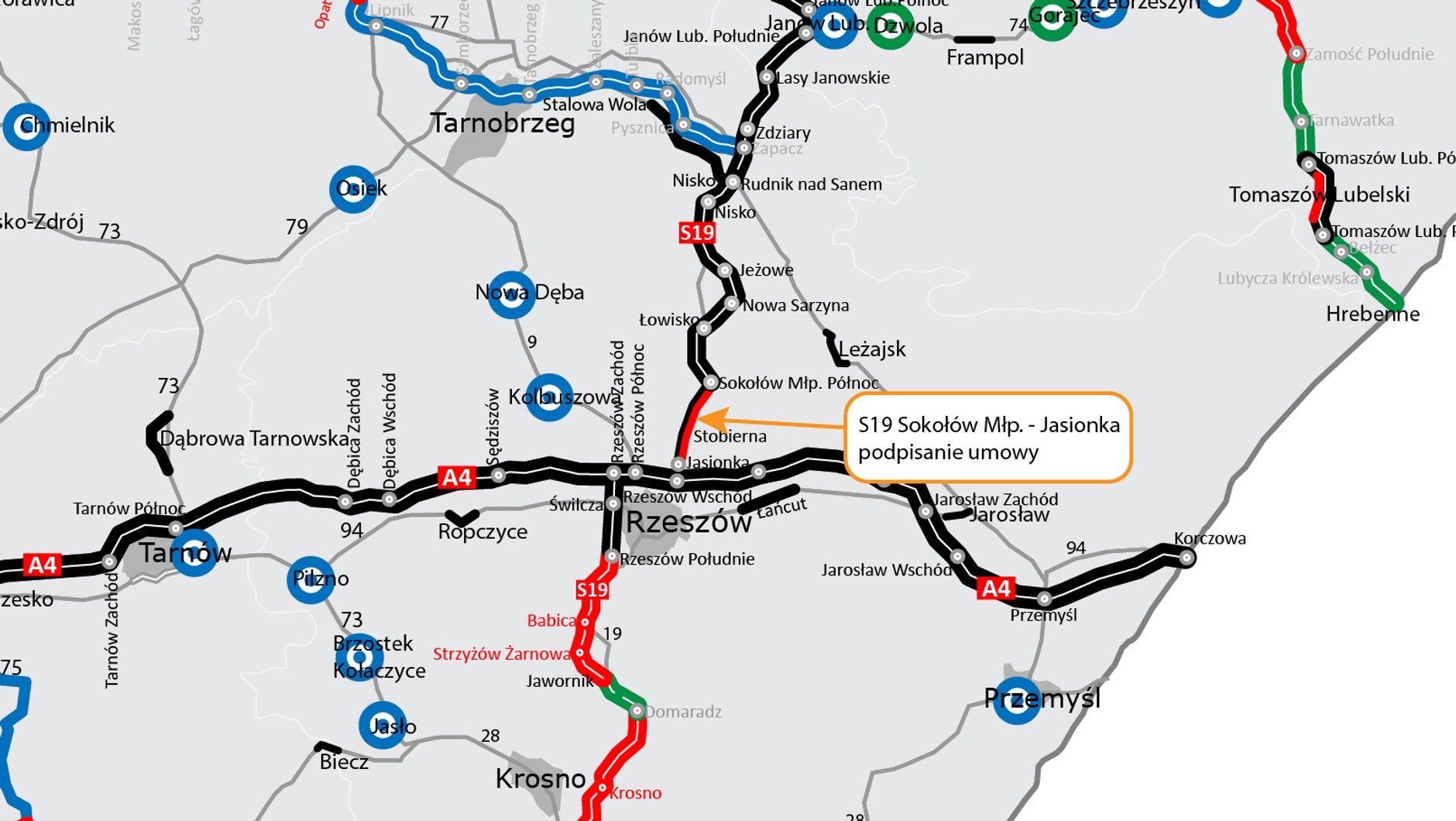 Mapa — droga ekspresowa S19 Sokołów Małopolski — Jasionka