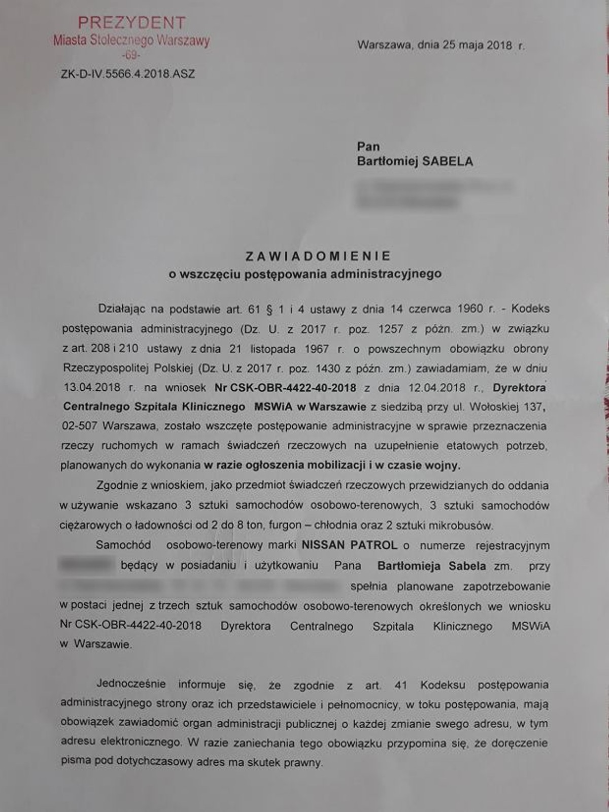 Pismo od Prezydenta m.st. Warszawy