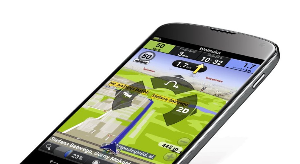 Wystarczy przesunąć palcem w określonym kierunku by aktywować określoną funkcję. Prócz objazdu jest podgląd mapy w trybie 2D: z funkcją traffic oraz bez niej by ułatwić wyszukiwanie celów na mapie