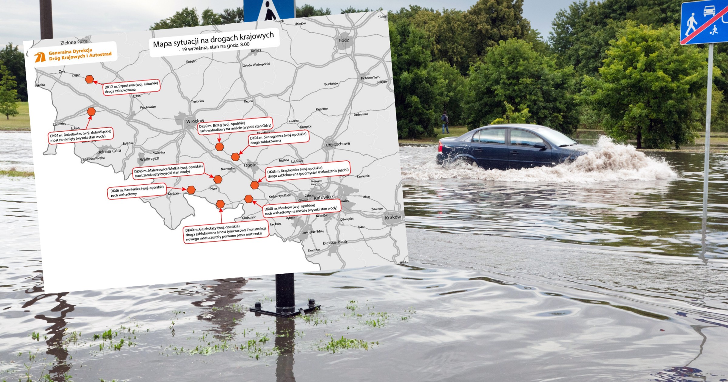 Mapa utrudnień spowodowanych przez powódź na południu Polski (screen: GDDKiA/X)