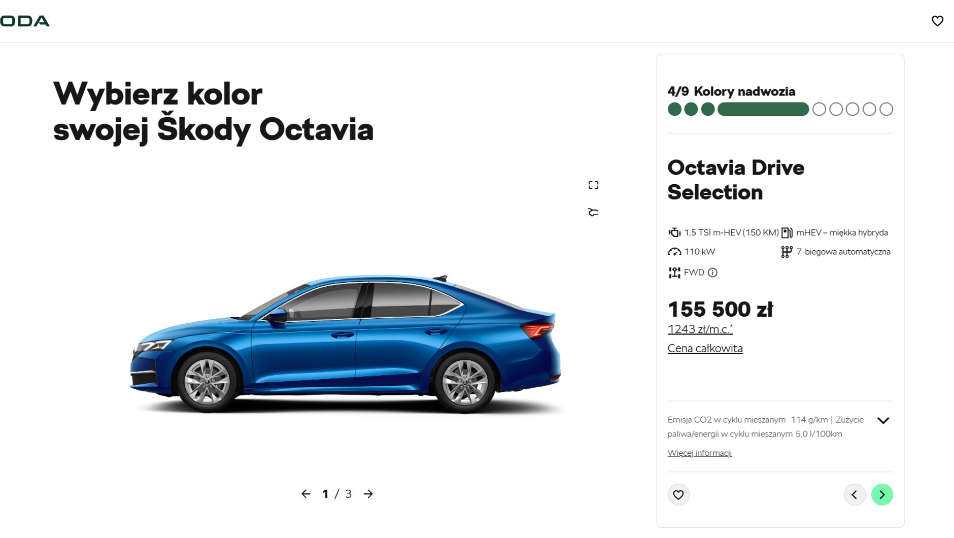 Przykładowy zrzut ekranu z konfiguratora. Na ilustracji Skoda Octavia Drive Selection. O taki dokładnie model zapytałem dealerów Skody