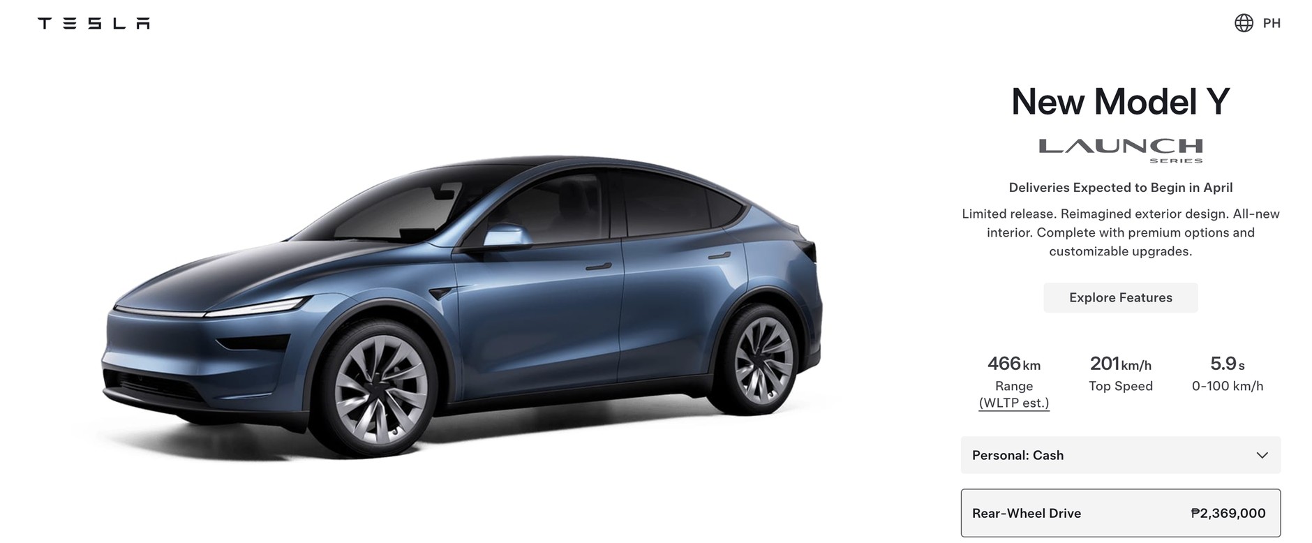 Tesla Model Y po zmianach, w konfiguratorze na rynek filipiński