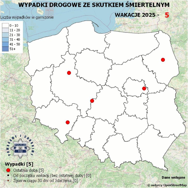 Policyjna mapa wypadków drogowych ze skutkiem śmiertelnym Wakacje 2025 dzień po rozpoczęciu wakacji