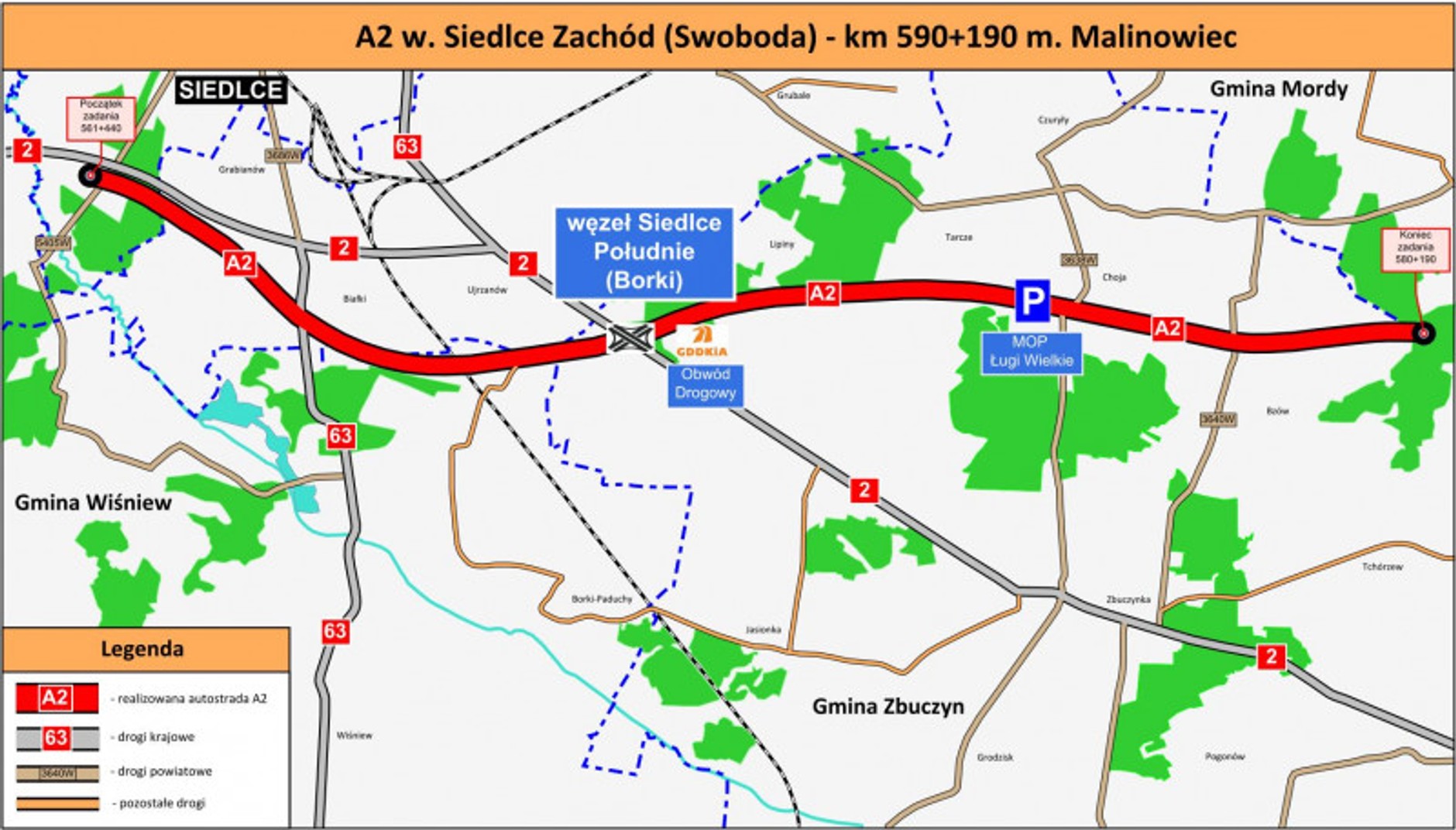 Mapa A2 na wschodzie Polski. Odcinek od węzła Siedlce Zachód