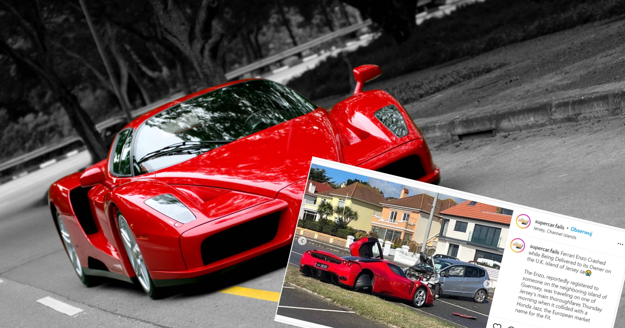 Zdemolowane Ferrari Enzo po wypadku z Hondą Jazz