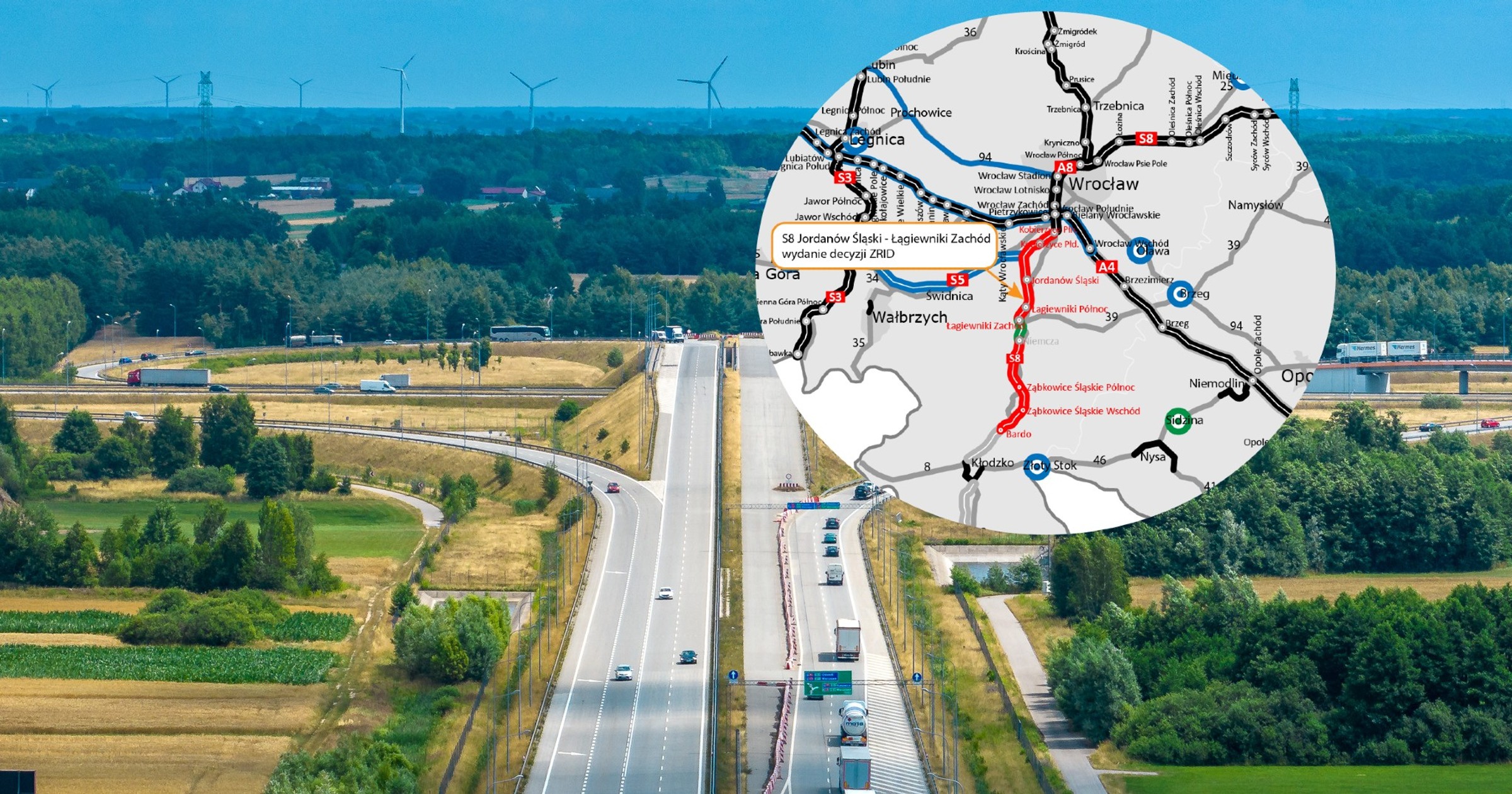 Droga S8 Jordanów Śląski - Łagiewniki Zachód, mapa