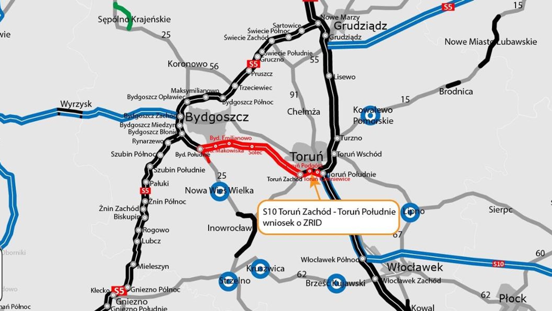 Mapa S10 Toruń Zachód — Toruń Południe