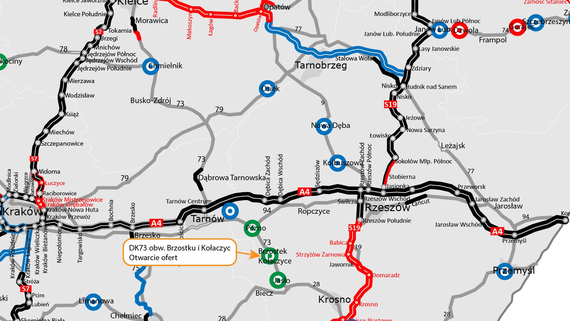 mapa otwarcie ofert obwodnica Brzostku i Kołaczyc DK73