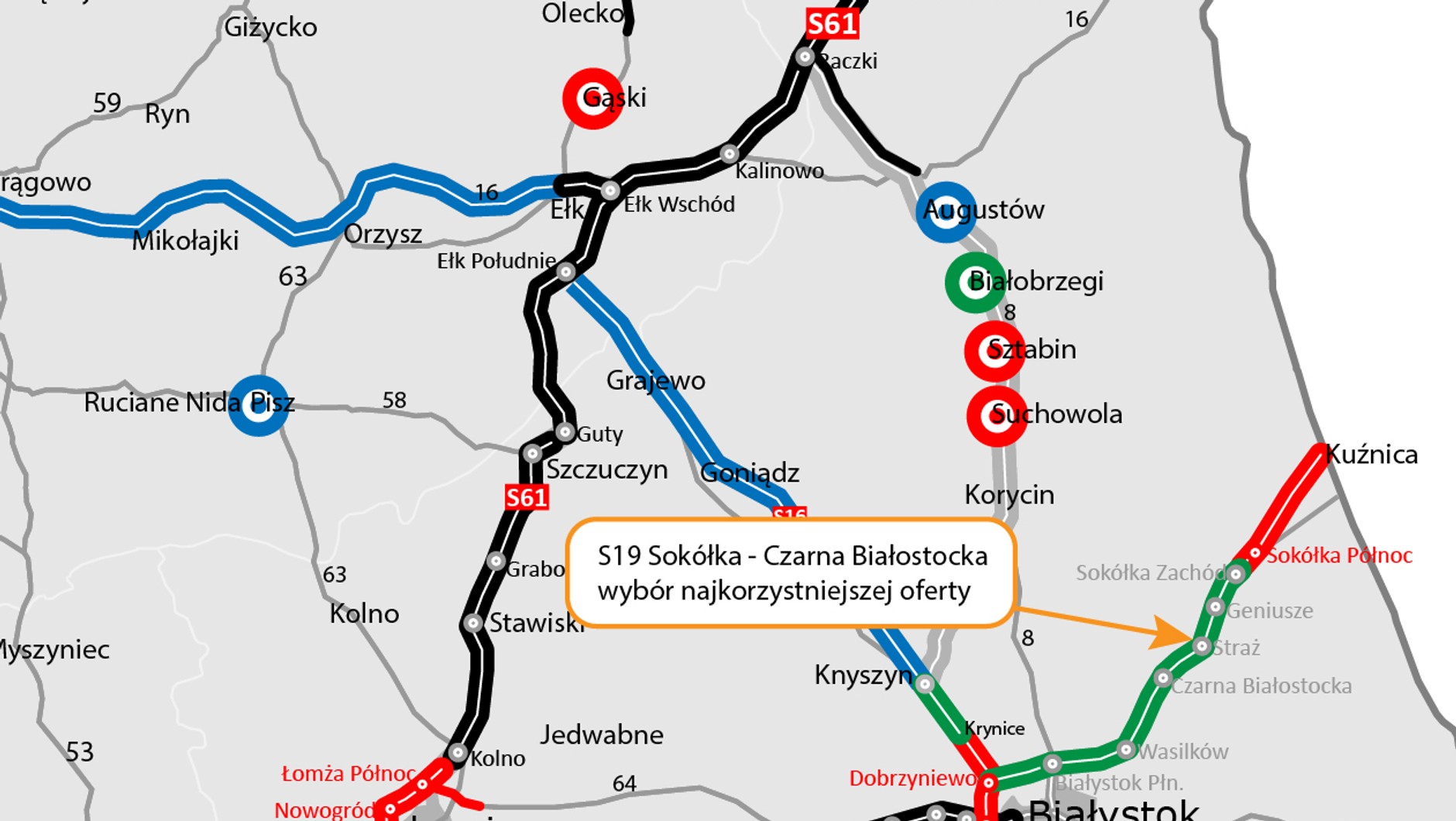 Mapa z lokalizacją odcinka drogi ekspresowej S19 Sokółka — Czarna Białostocka