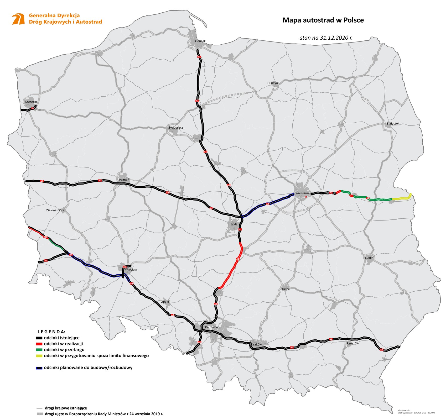 Mapa autostrad w Polsce - stan na 31.12.2020 r.