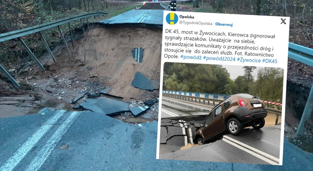 Powódź przerwała most w Żywocicach. Kierowca Dacii Duster zaryzykował